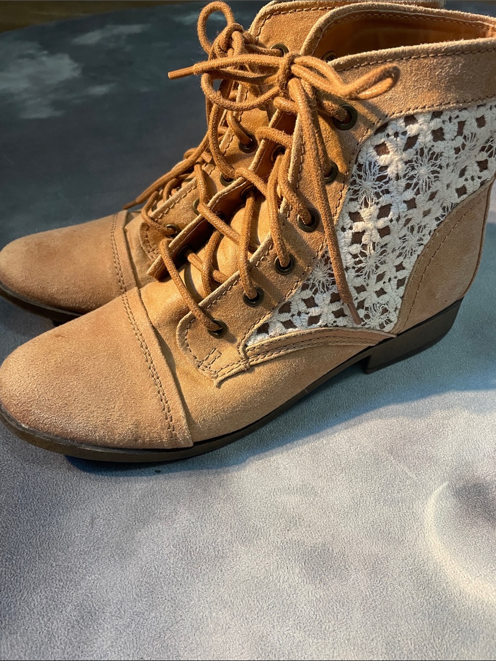 Candies Lace-Panel Tan Suede-Look Lace-Up Ankle Booties | 8.5